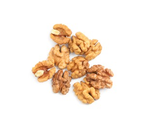 Photo of Pile of peeled walnuts on white background, top view