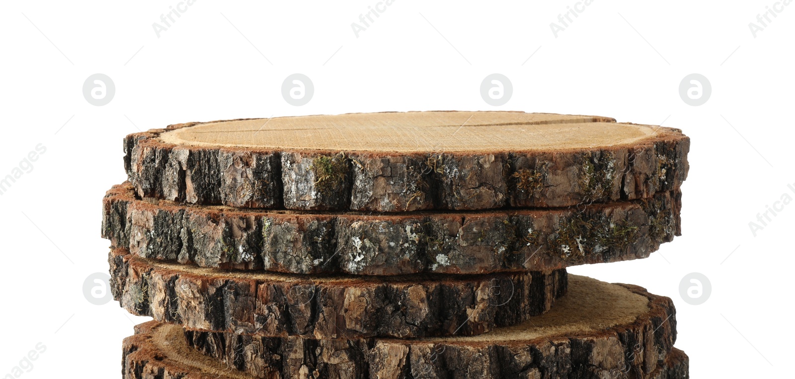 Photo of Presentation of product. Stack of wooden stamps isolated on white