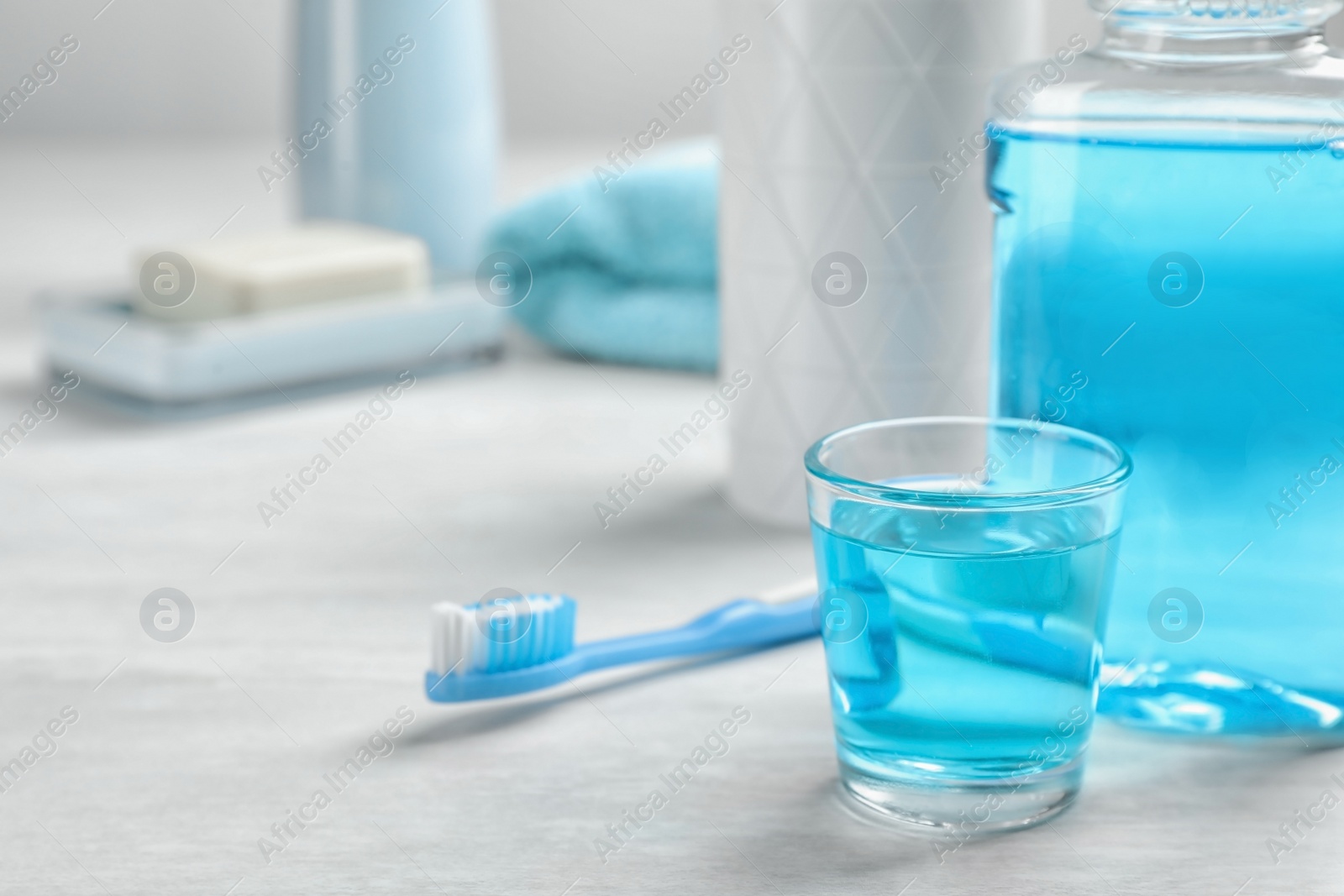 Photo of Set of oral care products on light table. Teeth hygiene