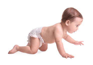 Cute little baby crawling on white background