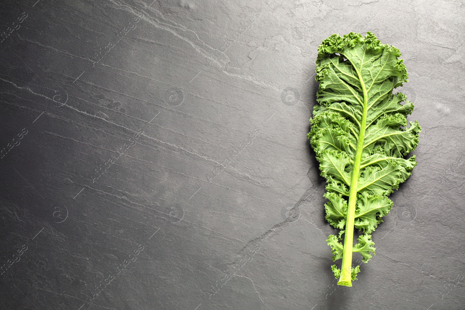 Photo of Fresh kale leaf on black table, top view. Space for text