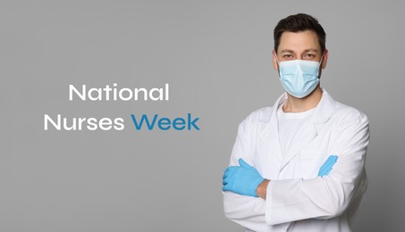National Nurses Week. Nurse with protective mask on grey background, banner design