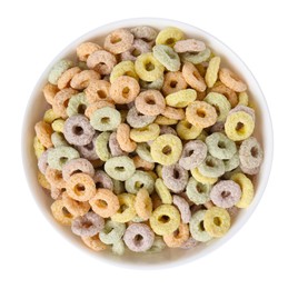 Photo of Tasty cereal rings in bowl isolated on white, top view
