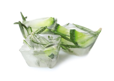 Ice cubes with cucumber slices and rosemary on white background