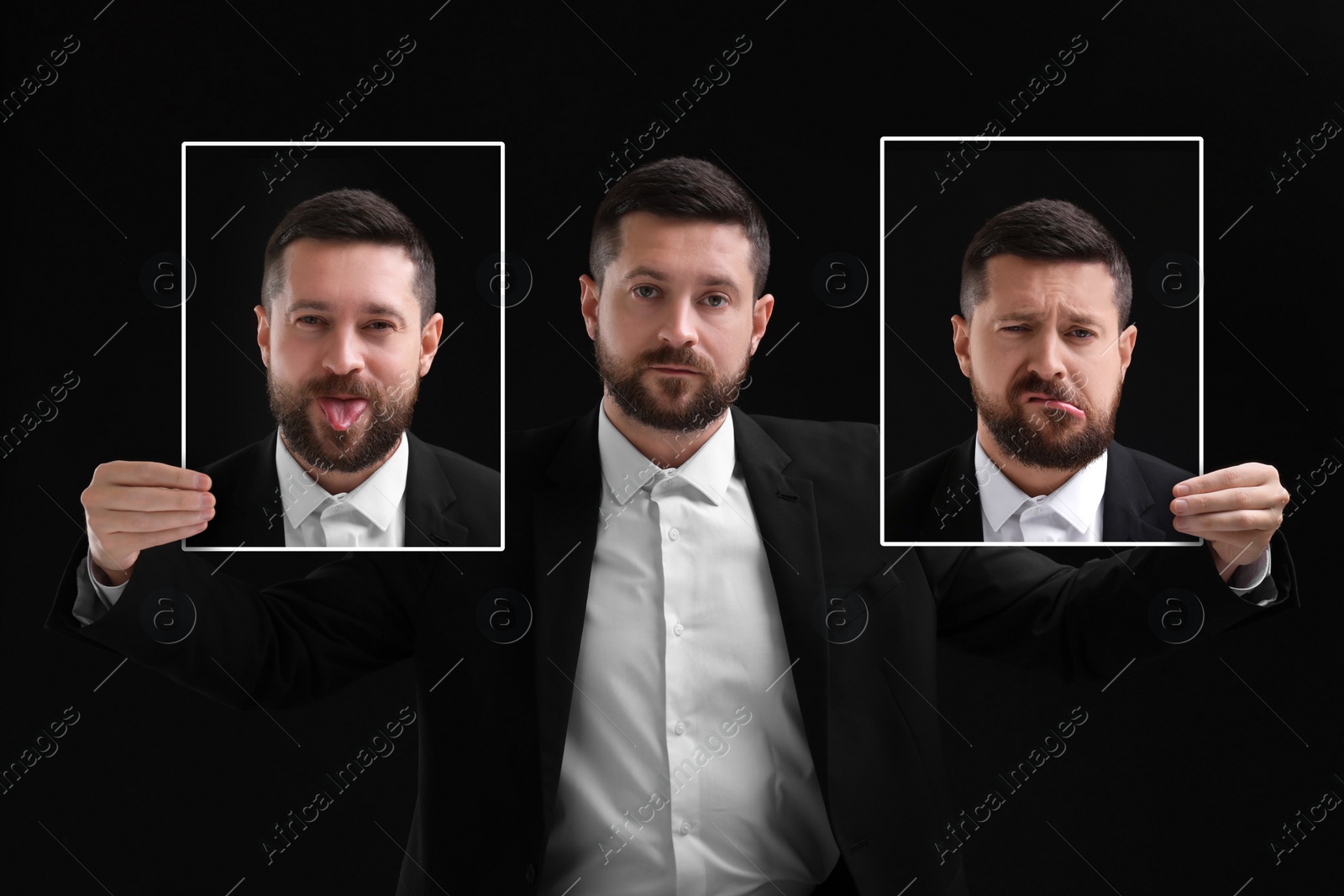 Image of Man holding his photo portraits showing different emotions on black background. Balanced personality