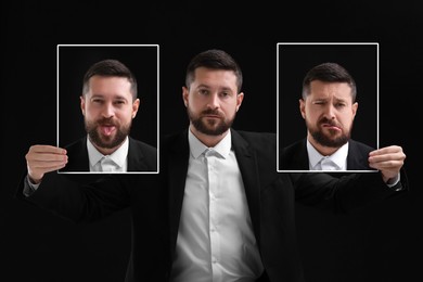 Image of Man holding his photo portraits showing different emotions on black background. Balanced personality