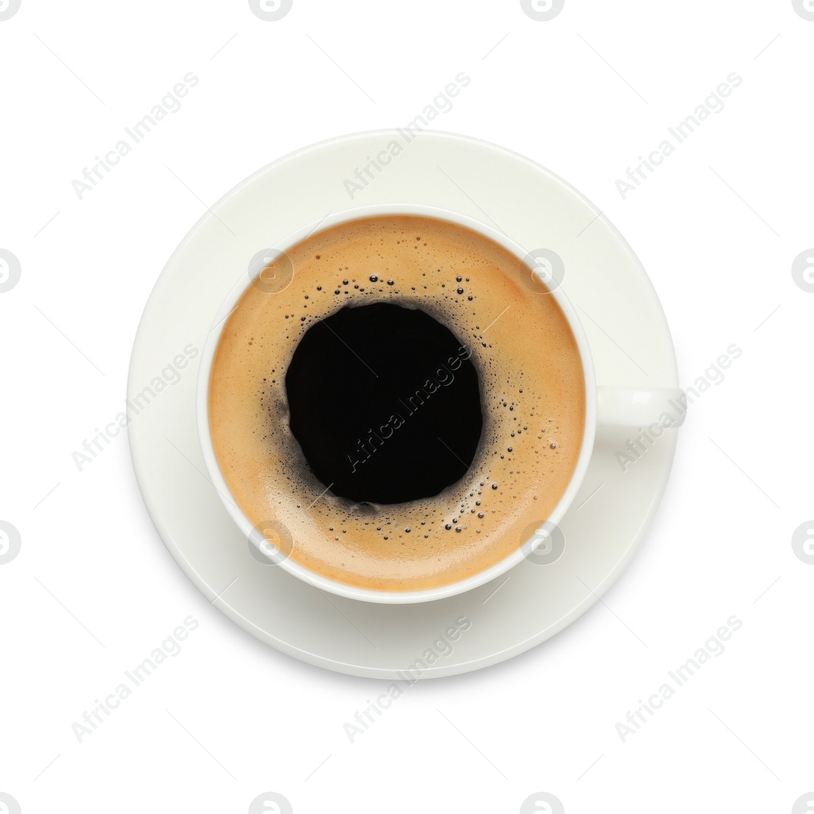 Photo of Cup of hot coffee and saucer isolated on white, top view