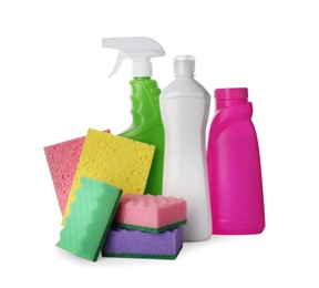 Photo of Set of different cleaning supplies and sponges on white background