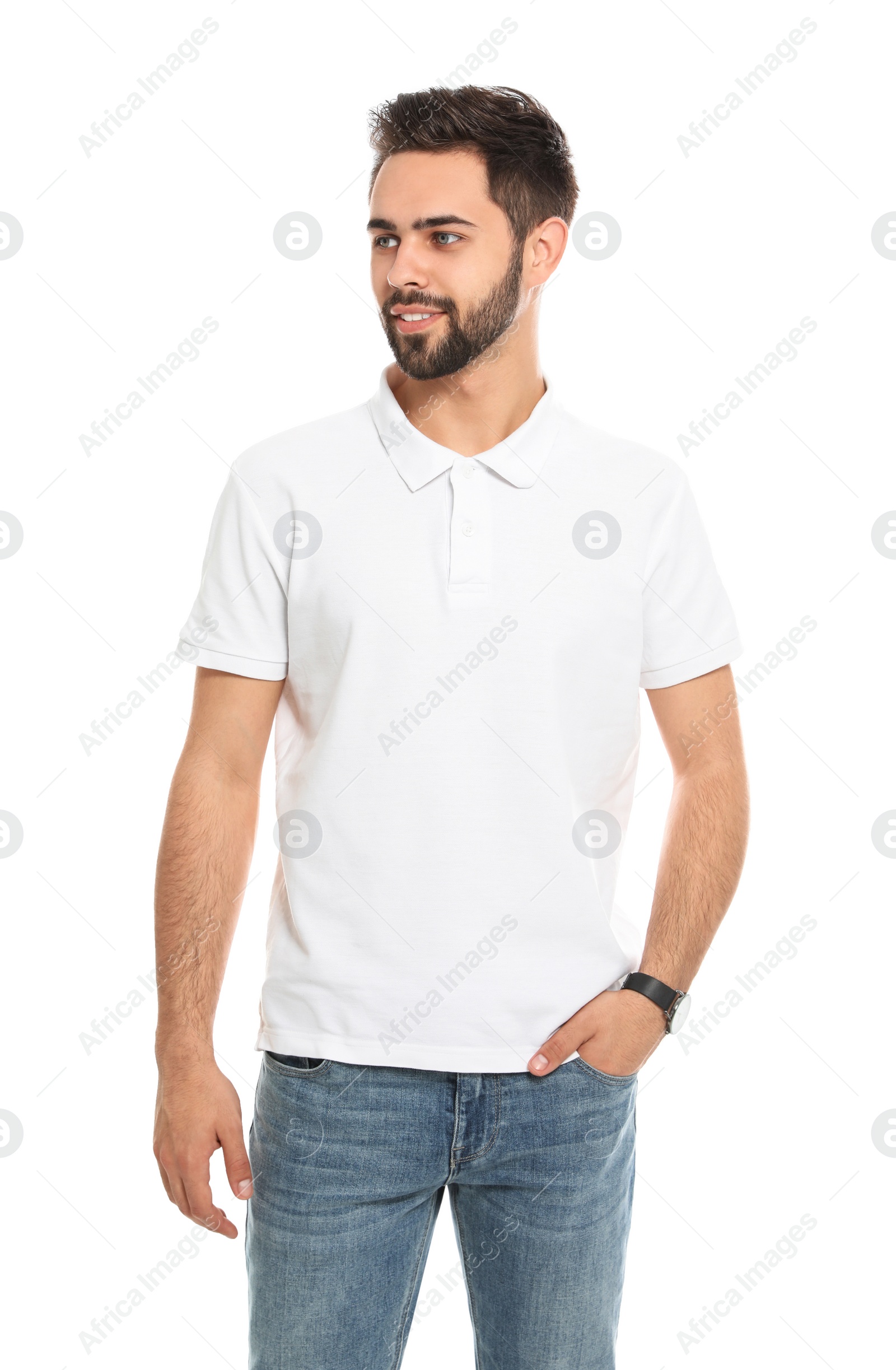 Photo of Young man in t-shirt on white background. Mock up for design