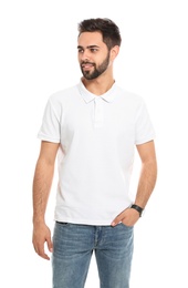 Photo of Young man in t-shirt on white background. Mock up for design