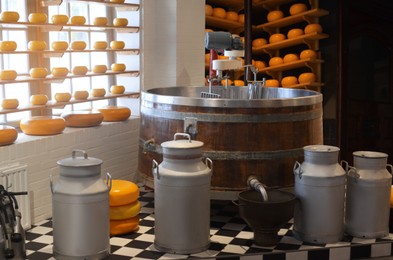 Photo of Equipment and fresh cheese heads on rack in factory warehouse