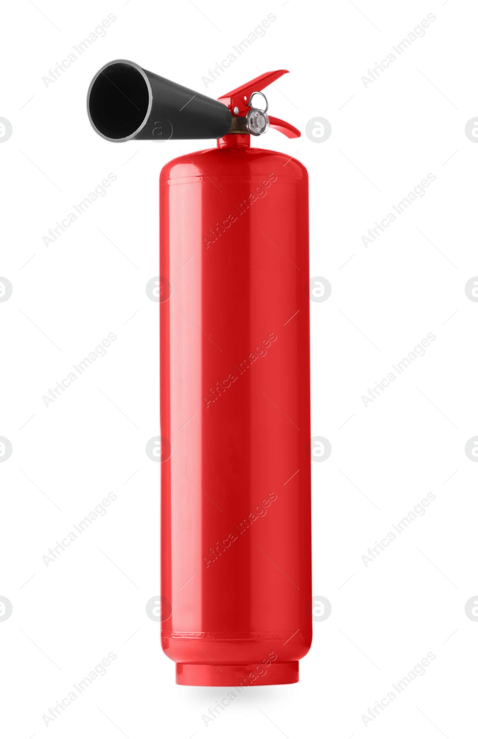 Photo of One red fire extinguisher on white background