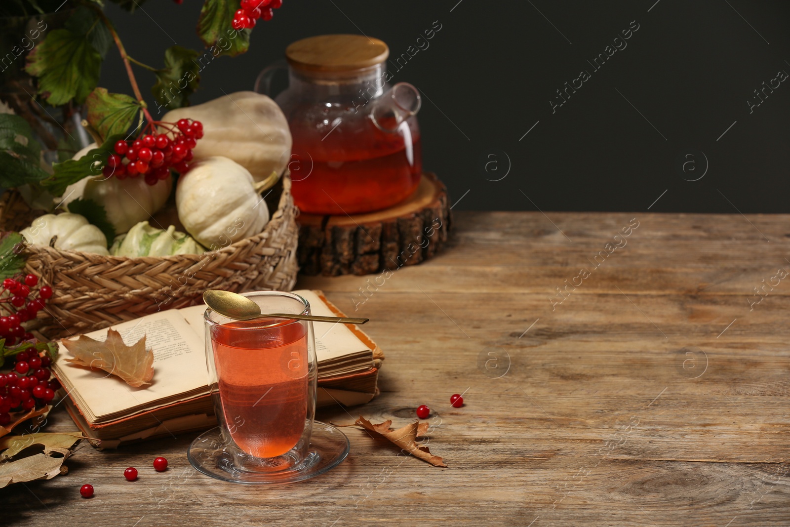 Photo of Delicious viburnum tea, books and pumpkins on wooden table, space for text. Cozy autumn atmosphere