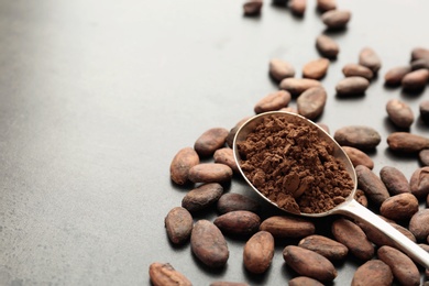 Photo of Composition with cocoa powder and beans on grey background