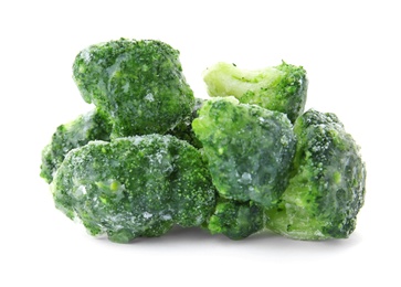 Photo of Frozen broccoli on white background. Vegetable preservation