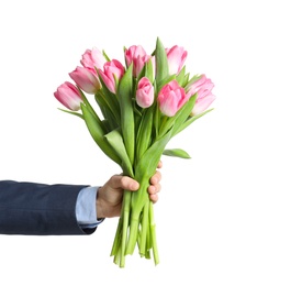 Man holding bouquet of beautiful spring tulips on light background, closeup. International Women's Day