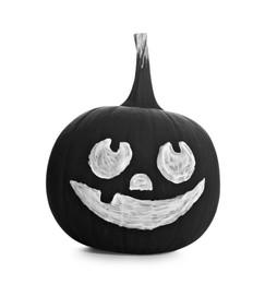 Photo of Black pumpkin with drawn scary face isolated on white. Halloween celebration