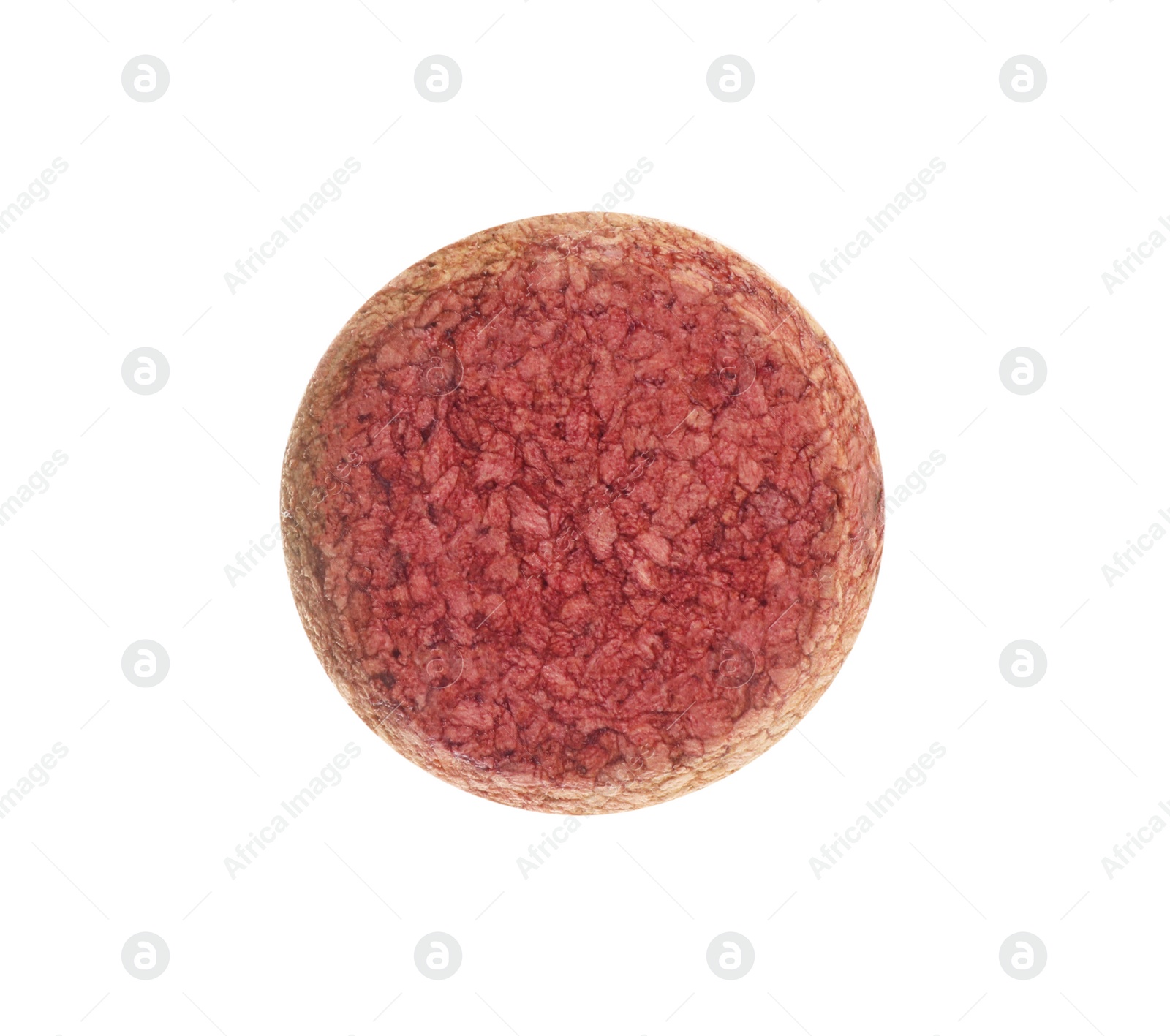 Photo of One wine bottle cork isolated on white, top view