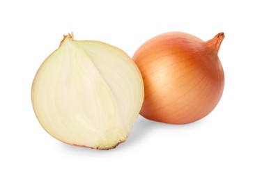 Photo of Whole and cut onions on white background