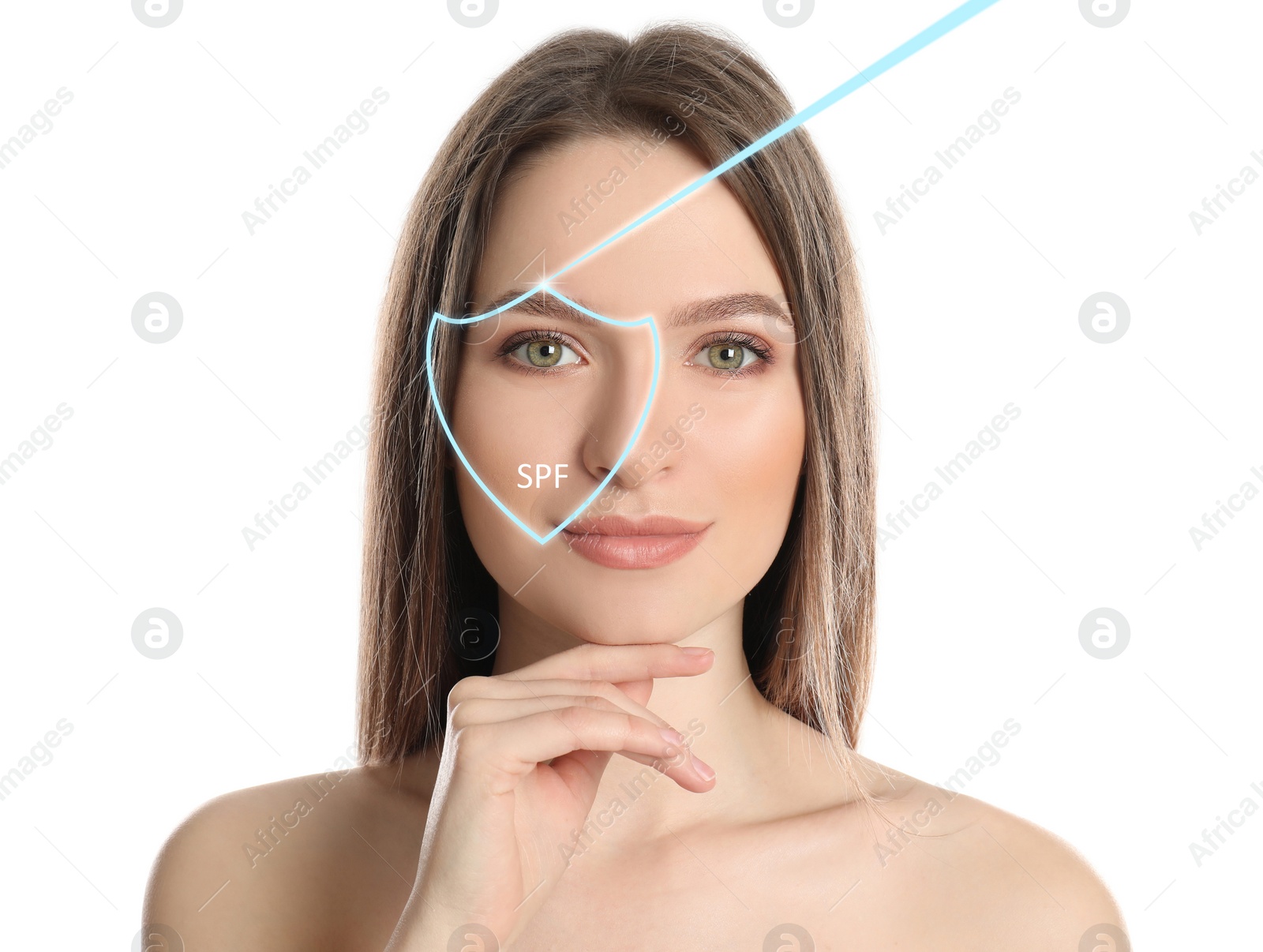 Image of SPF shield and beautiful young woman with healthy skin on white background. Sun protection cosmetic product