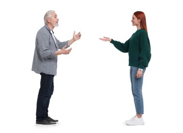 Young woman and senior man talking on white background. Dialogue