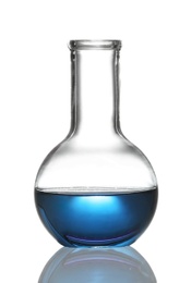 Photo of Florence flask with liquid on white background. Chemistry glassware