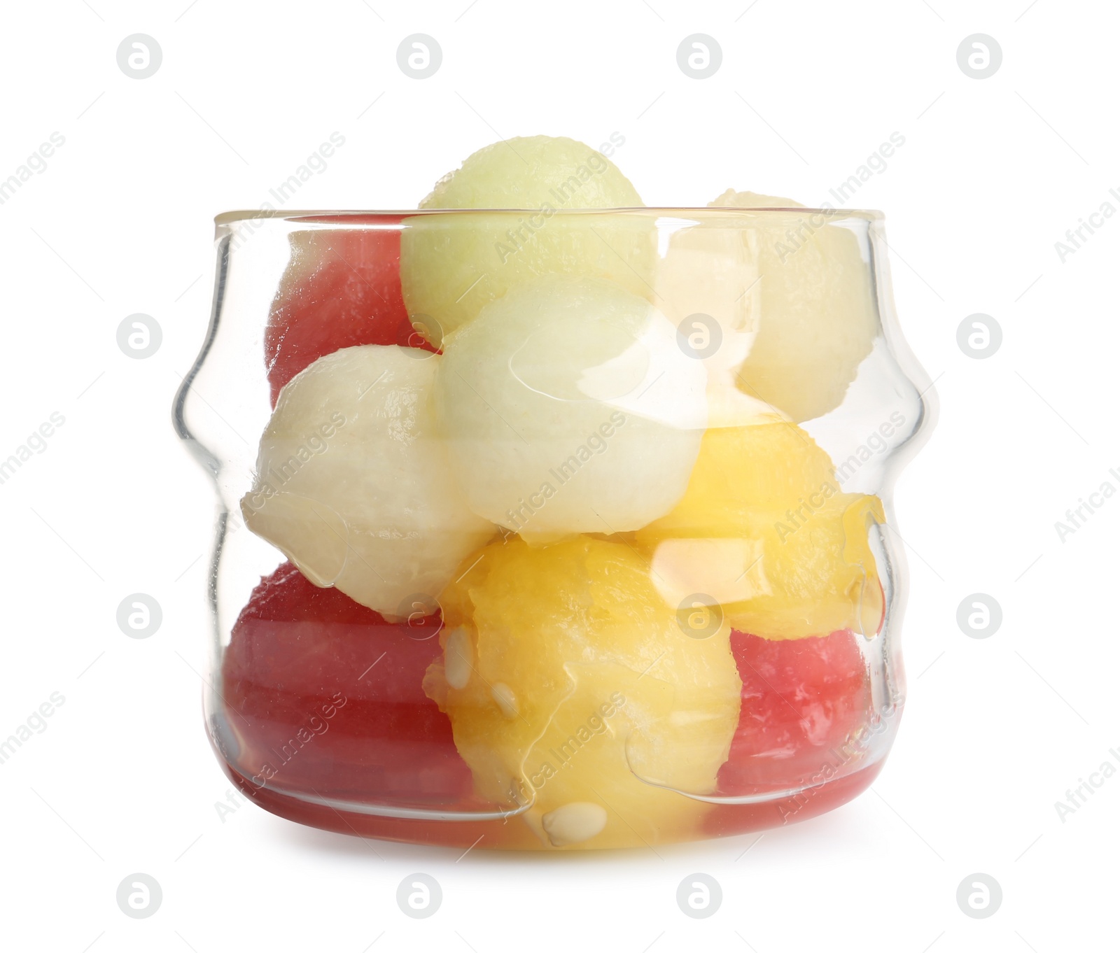 Photo of Glass dish of melon and watermelon balls on white background