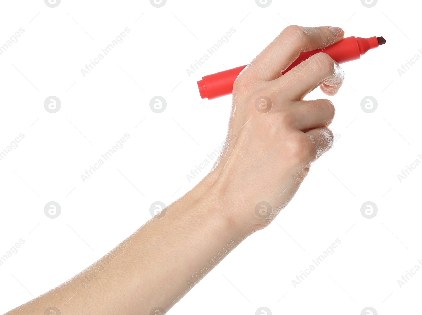 Photo of Woman holding red marker on white background, closeup