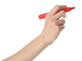 Woman holding red marker on white background, closeup