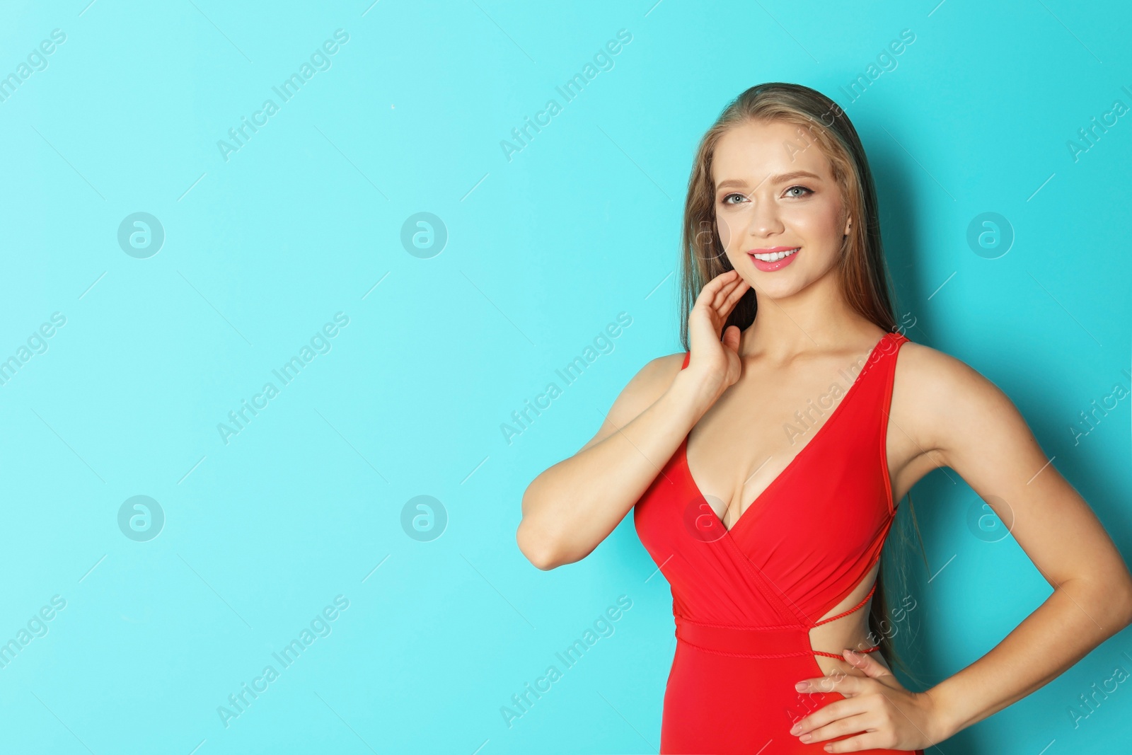 Photo of Beautiful woman wearing bikini on color background