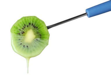 Photo of Kiwi with chocolate on fondue fork against white background