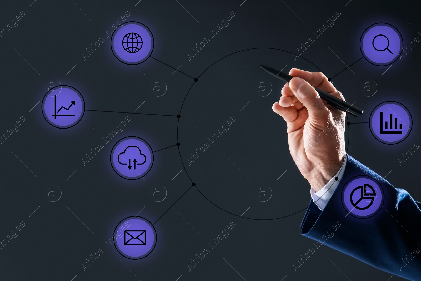 Image of Businessman using virtual screen with business analytics information, closeup