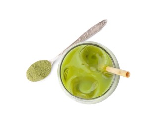 Photo of Glass of tasty iced matcha latte and spoon with powder isolated on white, top view