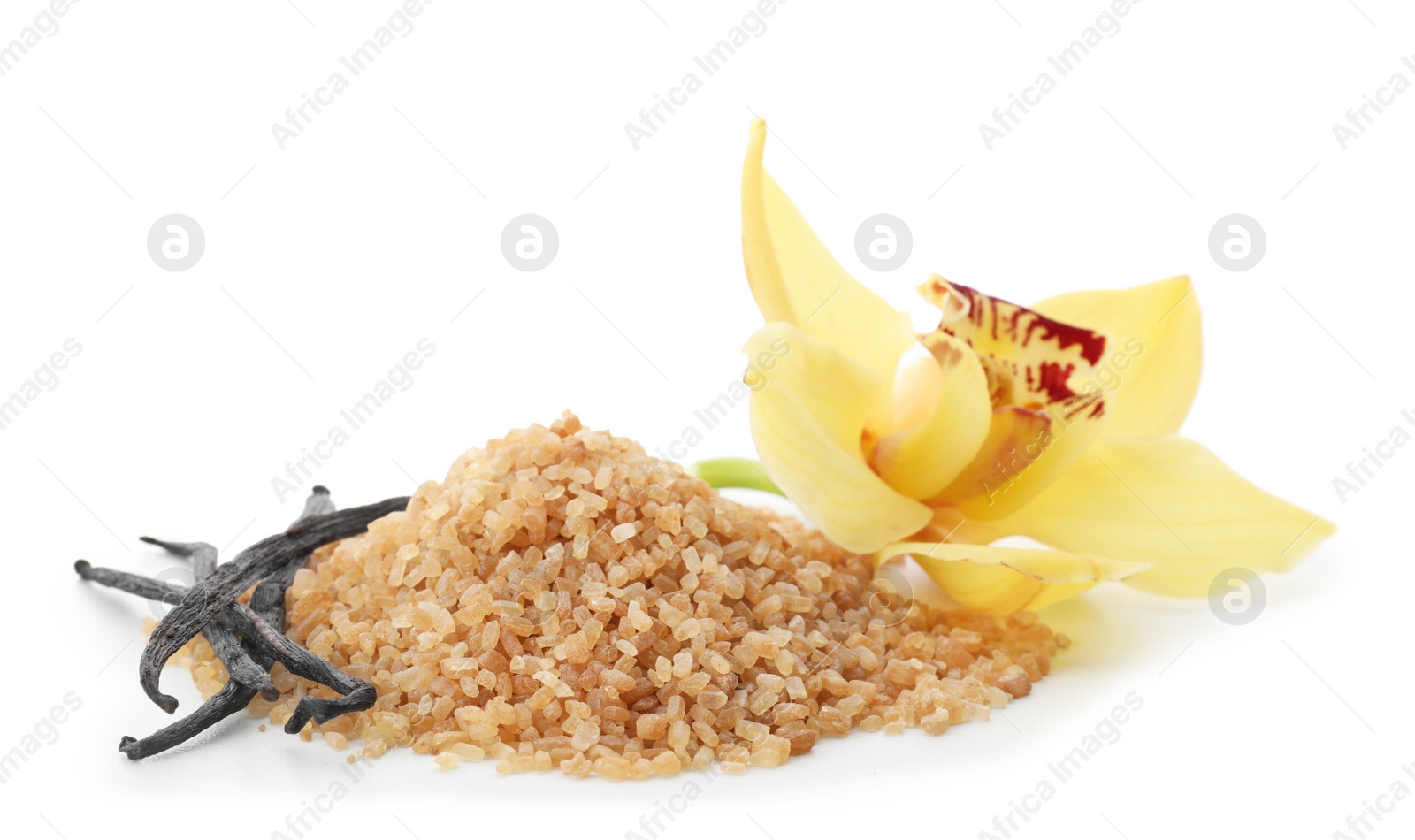 Photo of Vanilla sugar, sticks and flower on white background