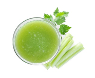 Photo of Celery juice and fresh ingredients on white background, top view