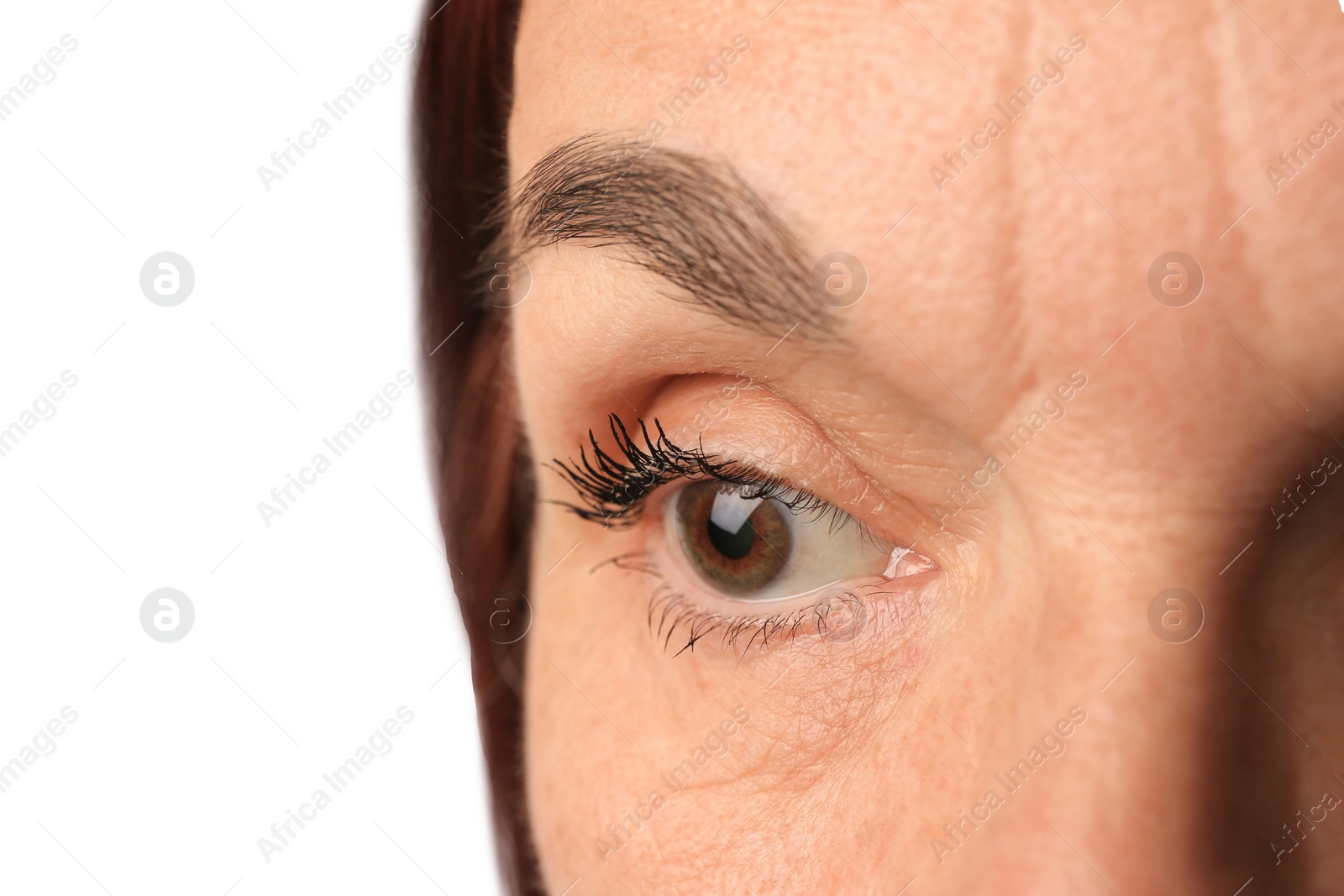 Photo of Skin care. Senior woman on white background, closeup