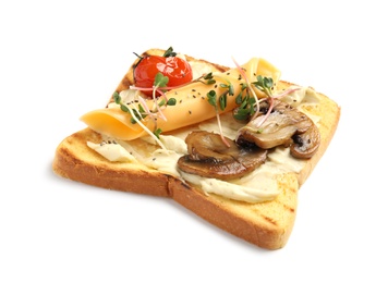 Photo of Tasty toast with mushrooms, cheese and chia seeds on white background