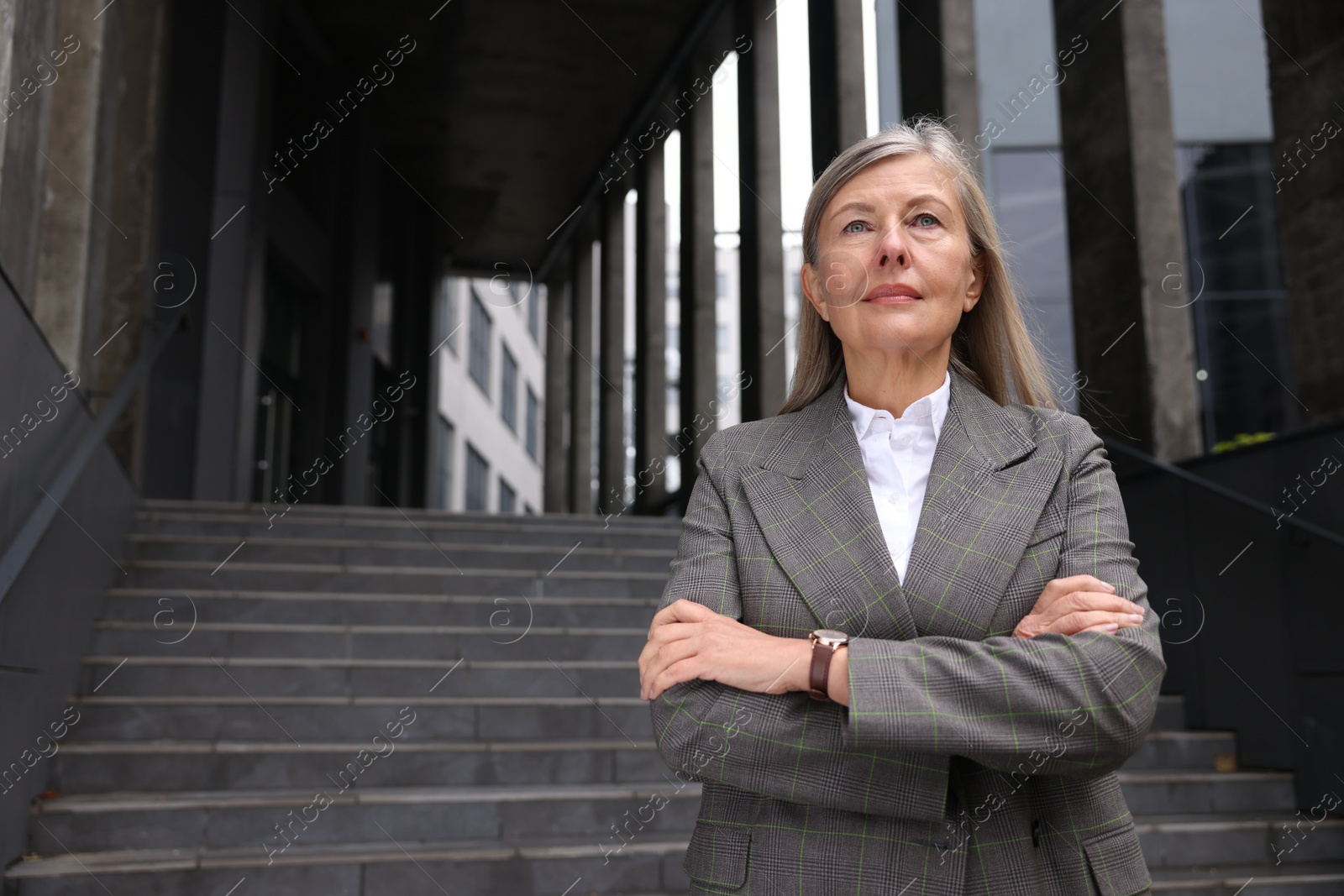 Photo of Portrait of beautiful woman outdoors, space for text. Lawyer, businesswoman, accountant or manager