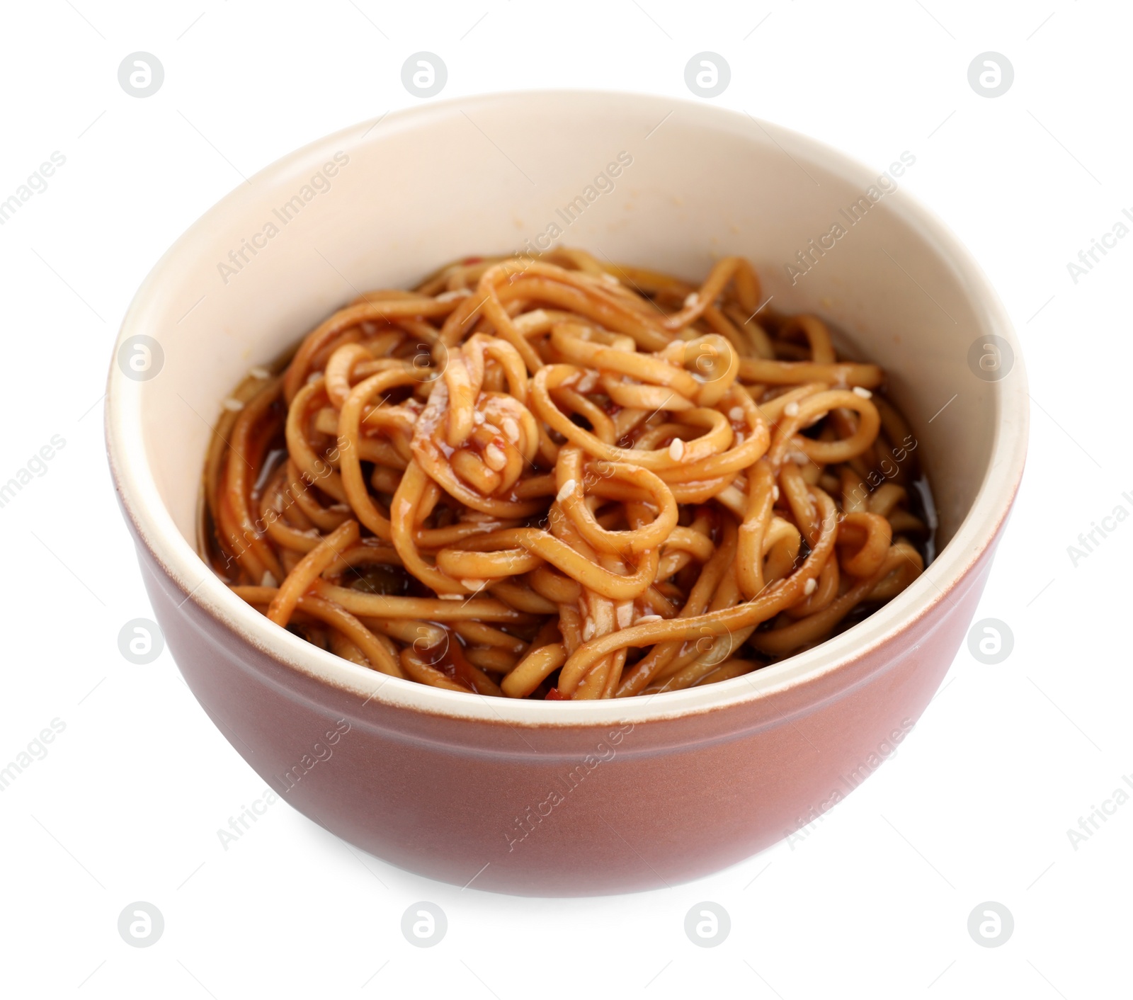 Photo of Bowl of tasty cooked noodles isolated on white