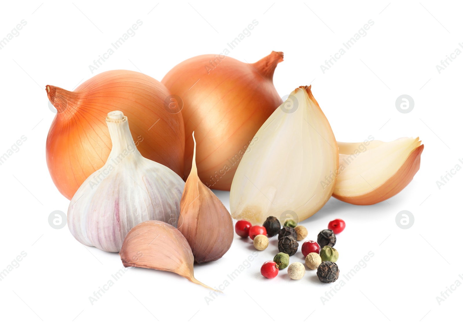 Image of Fresh onions, mixed peppercorns, garlic bulb and cloves on white background