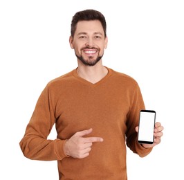 Photo of Happy man with phone on white background