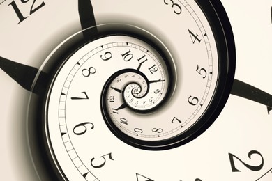 Image of Infinity and other time related concepts. White clock face twisted in spiral, fractal pattern