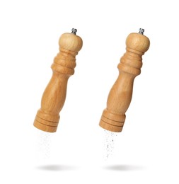 Image of Pepper and salt shakers on white background, collage