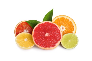 Photo of Fresh juicy citrus fruits with green leaves on white background
