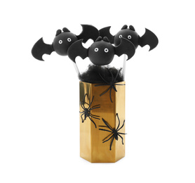 Photo of Delicious bat cake pops on white background. Halloween season