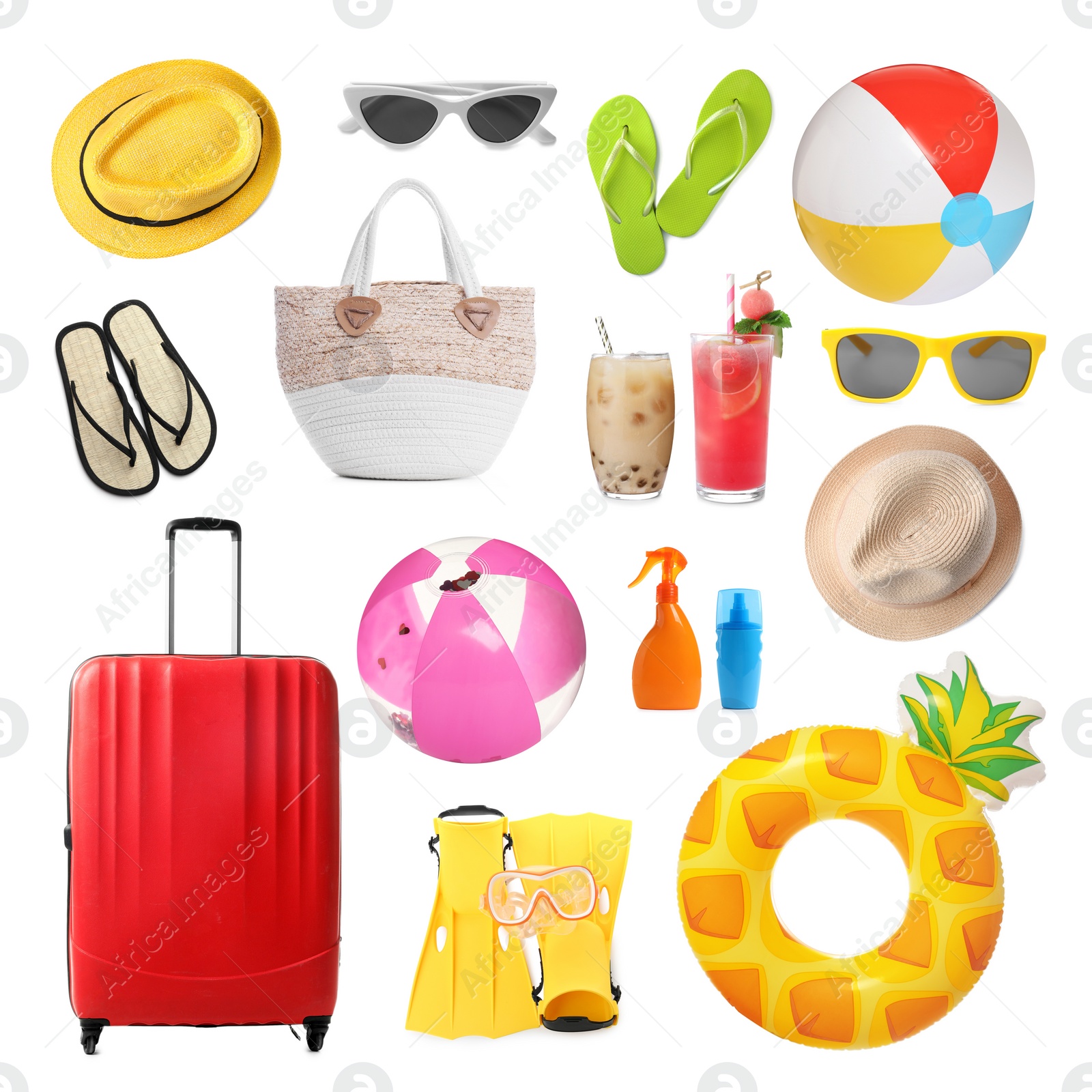 Set with beach balls and other accessories on white background Image of Set with beach balls and other accessories on white background