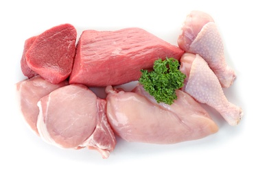 Photo of Various raw meats on white background, top view