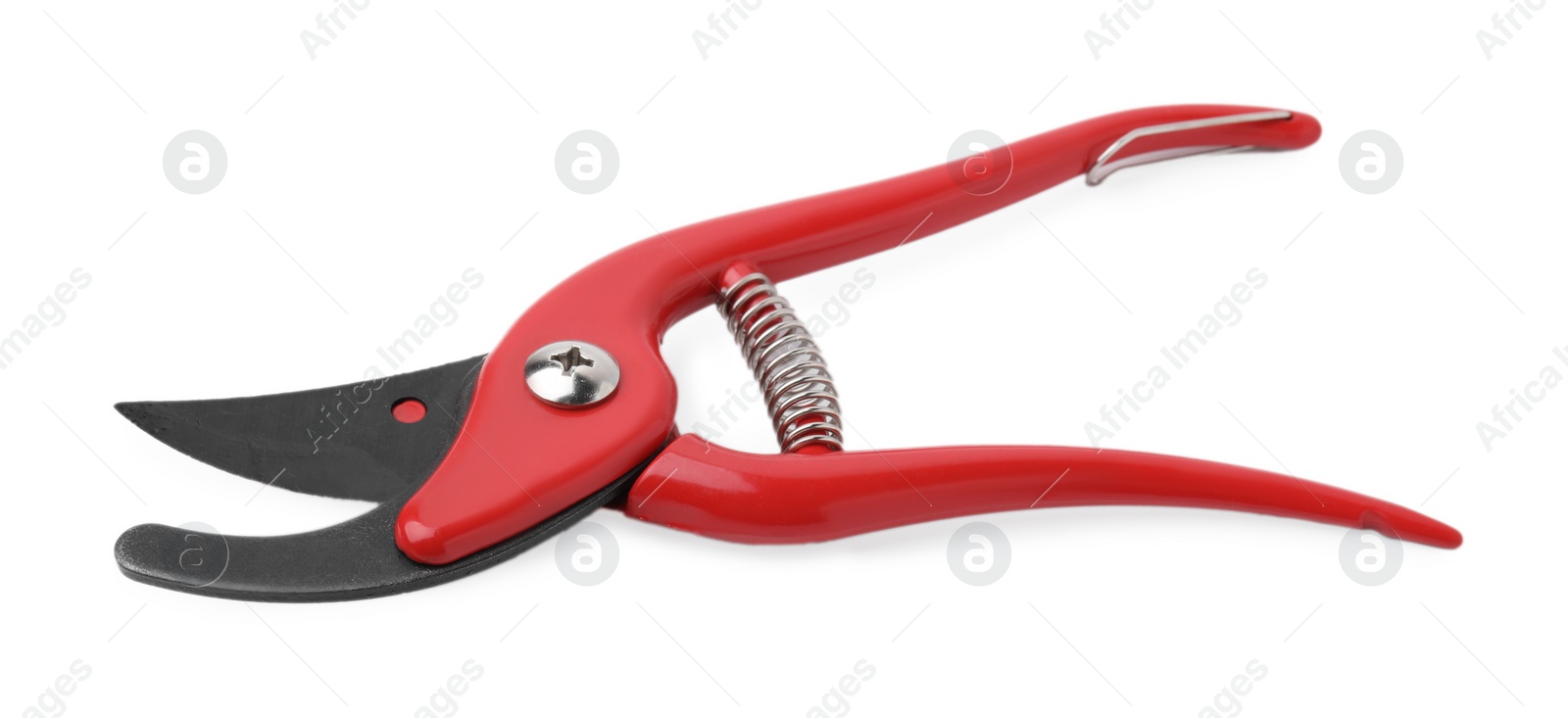 Photo of Secateurs with red handles isolated on white. Gardening tool