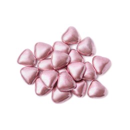 Photo of Pile of heart shaped candies on white background, top view