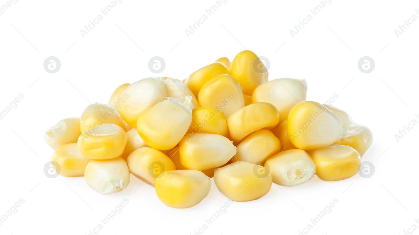 Photo of Pile of tasty fresh corn kernels on white background